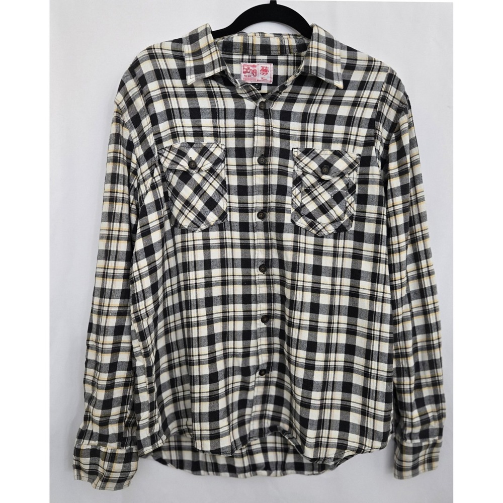LRG Lifted Research Group Mens M Flannel Plaid Shirt Black White Yellow Grunge